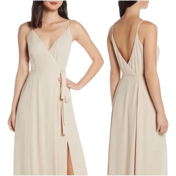 WAYF The Angelina Slit Wrap Gown in tan - Picture 2 of 14